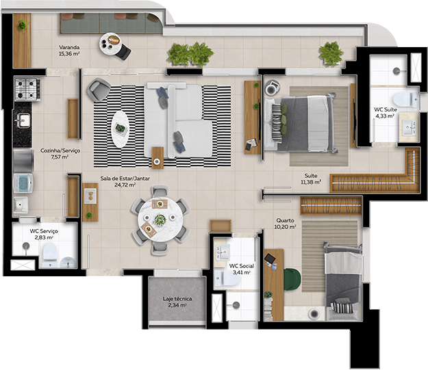 Planta tipo D - 82,14m² - Sala ampliada | 2 quartos (1 suíte) | WC social | WC serviço | 2 vagas