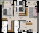 Planta tipo B - 61,38m² | 2 quartos (1 suíte) | WC social | 1 ou 2 vagas